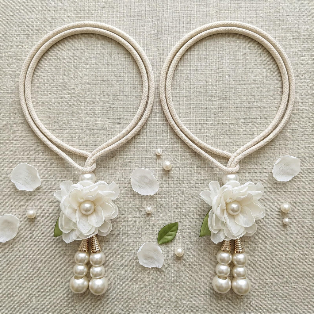 Adjustable Curtain Tiebacks, 4pcs(2pair) Hand-Woven Rope with Silk Flower & Pearl, Decorative Window Cord Holders