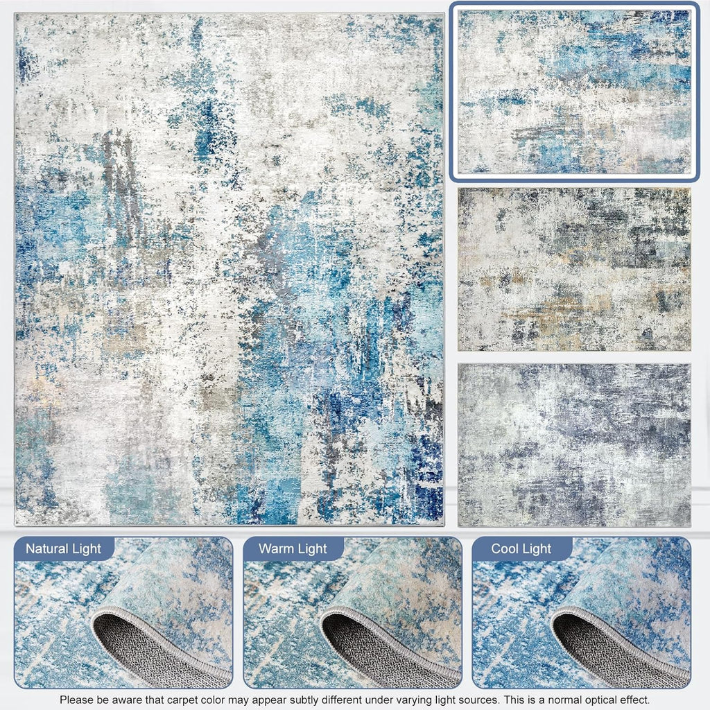 Washable Area Rug Living Room Rugs 8X10 - Neutral Modern Abstract Rugs Soft Carpet with Non Slip Backing for Under