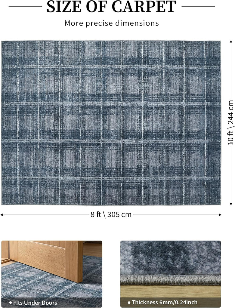 Blue Grey Distressed Plaid Area Rug