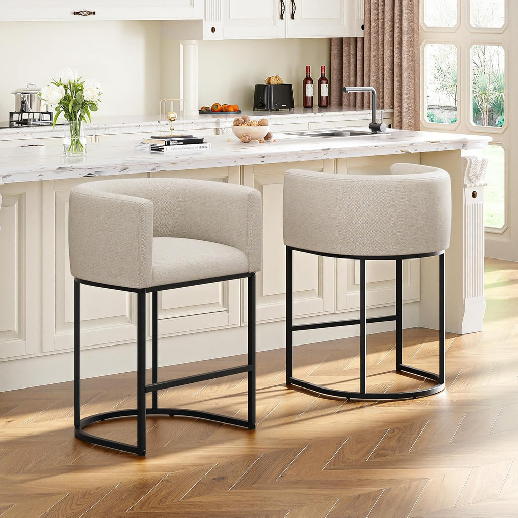 26" H Counter Height Bar Stools Set of 3, Modern Barrel Counter Stools with Backrest and Arms, Linen Fabric