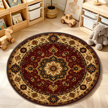 Round Area Rug 4ft Washable Burgundy Persian Floral Non Slip Circle Carpet