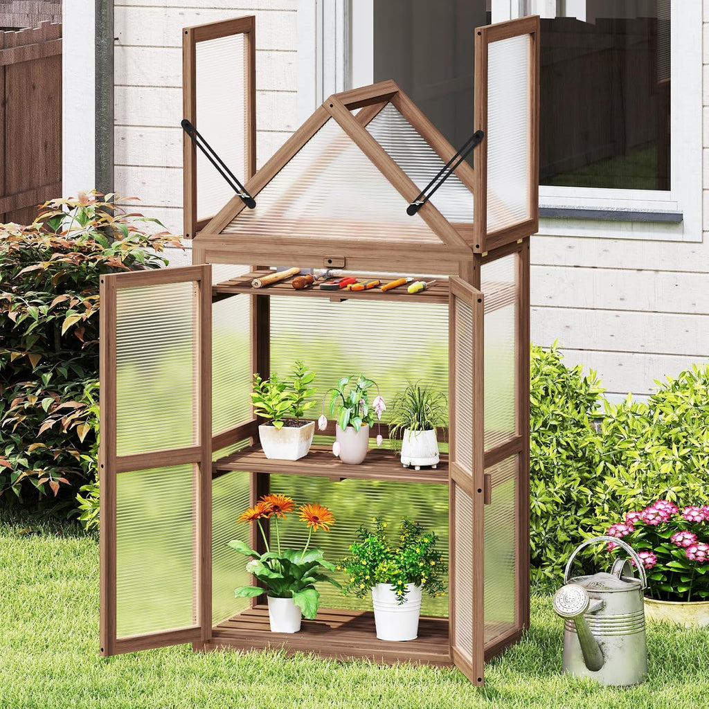 Garden Cold Frame, Mini Greenhouse Storage Shelves w/ Transparent Flip-Top Roof & 3 Adjustable Shelves, Indoor &