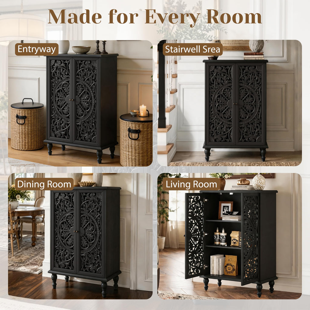 2-Door Accent Cabinet with Hollow Carved Doors and Adjustable Shelf, Farmhouse Carved Sideboard with Turned Legs