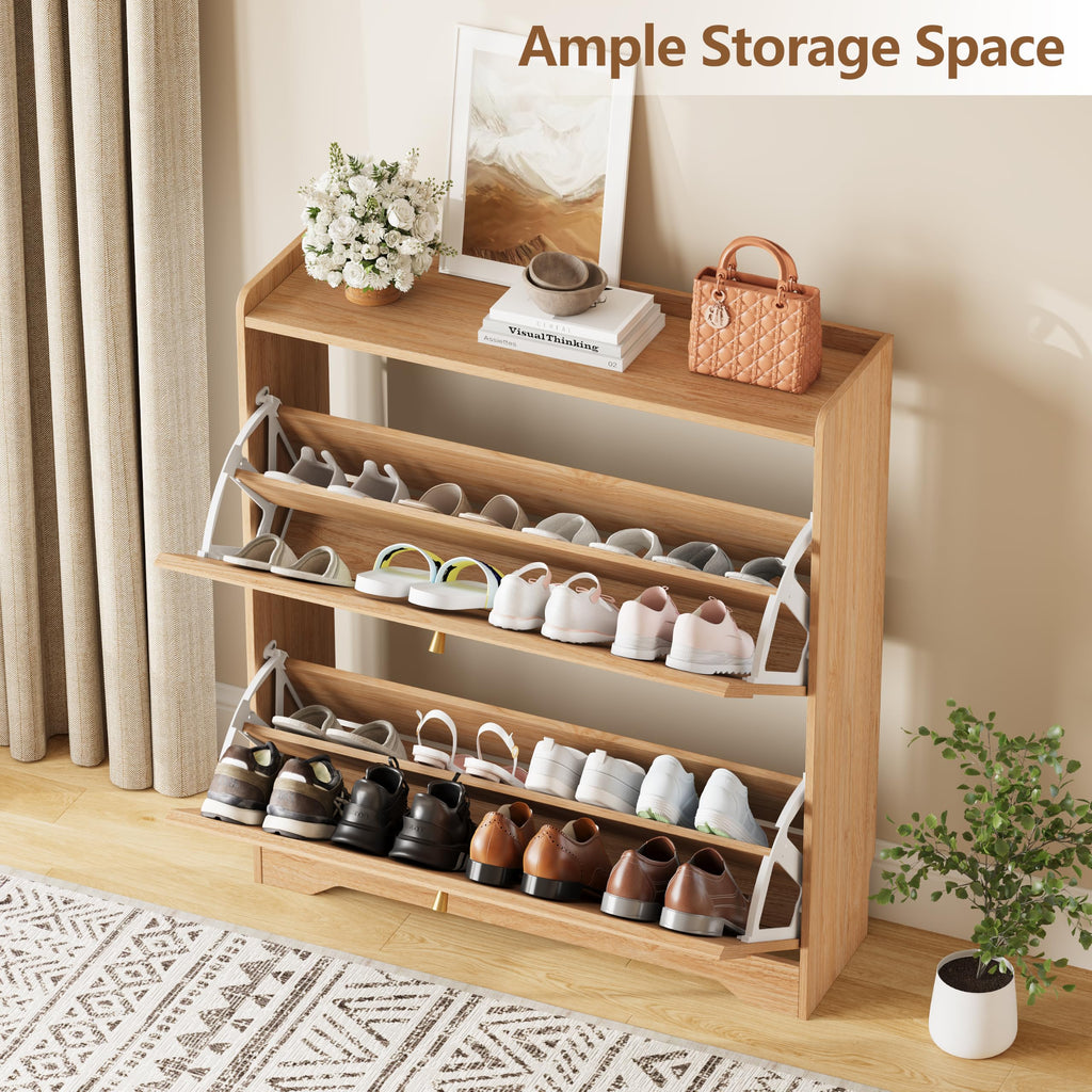Shoe Storage Cabinet with 2 Flip Drawers and Modern Wave-Edge Fluted Panels, Slim Shoe Rack, Freestanding Narrow