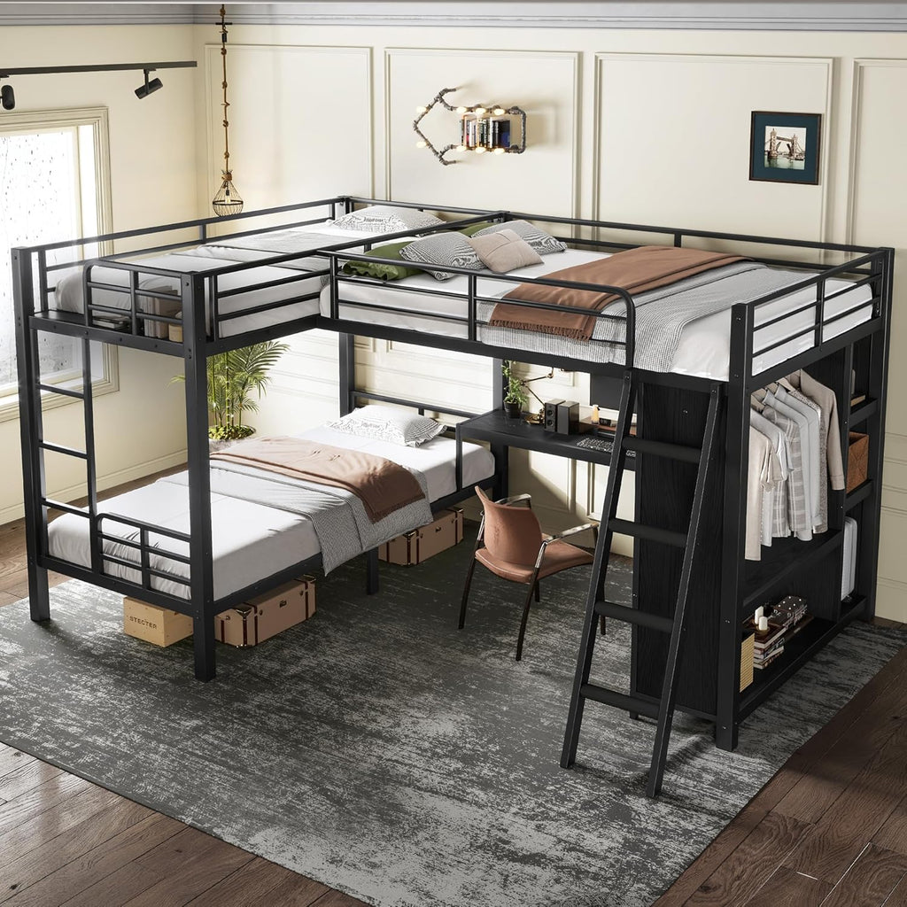 L-Shaped Triple Bunk Bed with Desk, Wardrobe, Twin XL Over Twin XL Bunk Beds with Storage