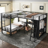 L-Shaped Triple Bunk Bed with Desk, Wardrobe, Twin XL Over Twin XL Bunk Beds with Storage