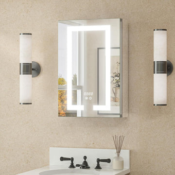 LED Lighted Medicine Cabinet Mirror with Tempered Glass 16 x 24 Recessed or Surface Mount Bathroom Cabinet with