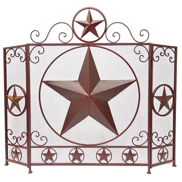 3-Panel Fireplace Screen Decorative - Rustic Brown Star Detail