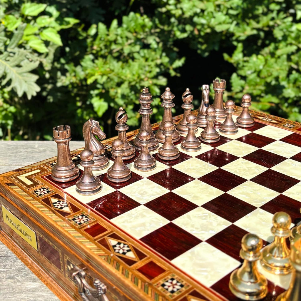Handmade Luxury Chess Set - Metal Chess Pieces with Wooden Storage Board - Premium Classic Chess Game for Adults - Set of 34