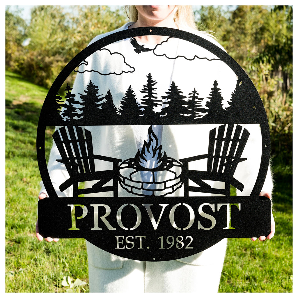 Custom Metal Campfire Outdoor Last Name Established Sign | Cabin Decor