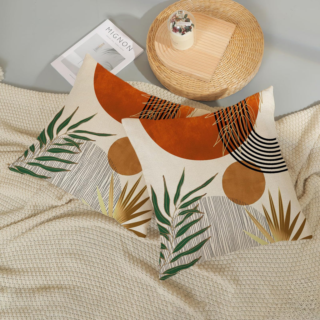 Pillow Covers 18x18 Set of 2 Green Gold Orange Throw Pillows Tropical Leaves Sunset Decor Modern Mid Century