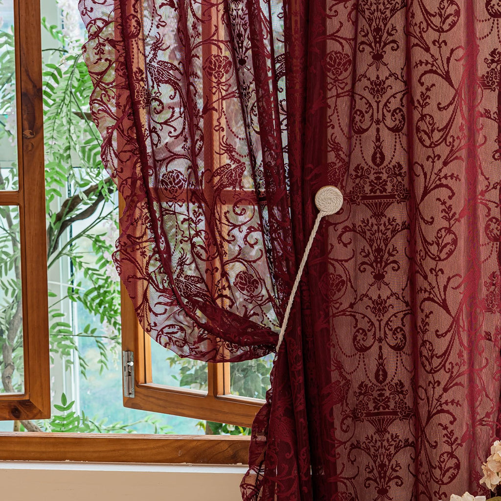 Burgundy Kitchen Curtains 45 Inch Length - Chic Short Lace Sheer Cafe Curtains for Window Over Sink, Light Filtering