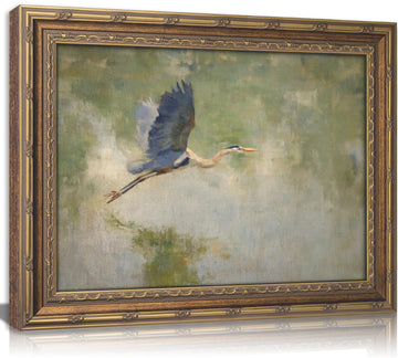 Vintage Gold Framed Heron Wall Art, Retro Impressionist Wetland Coastal Bird Oil Painting Canvas Print, Antique Blue