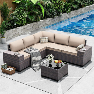 Outdoor Patio Furniture Set, 6 Pieces Outdoor Sectional Furniture High Backrest Patio Sofa, All-Weather PE Rattan