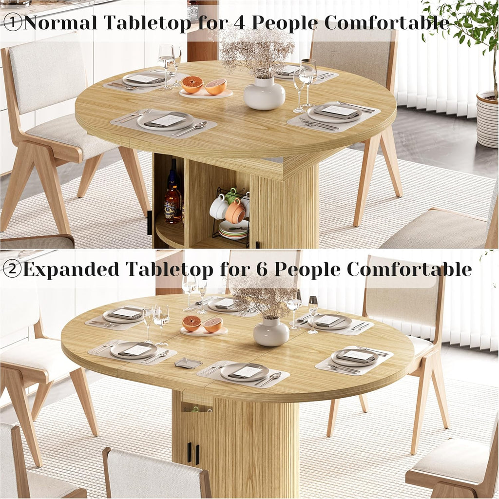 Extendable Dining Table 43-59" for 4-6 People, Solid Wood Top with Fluted Slide Door & 8-Compartment Storage, Space