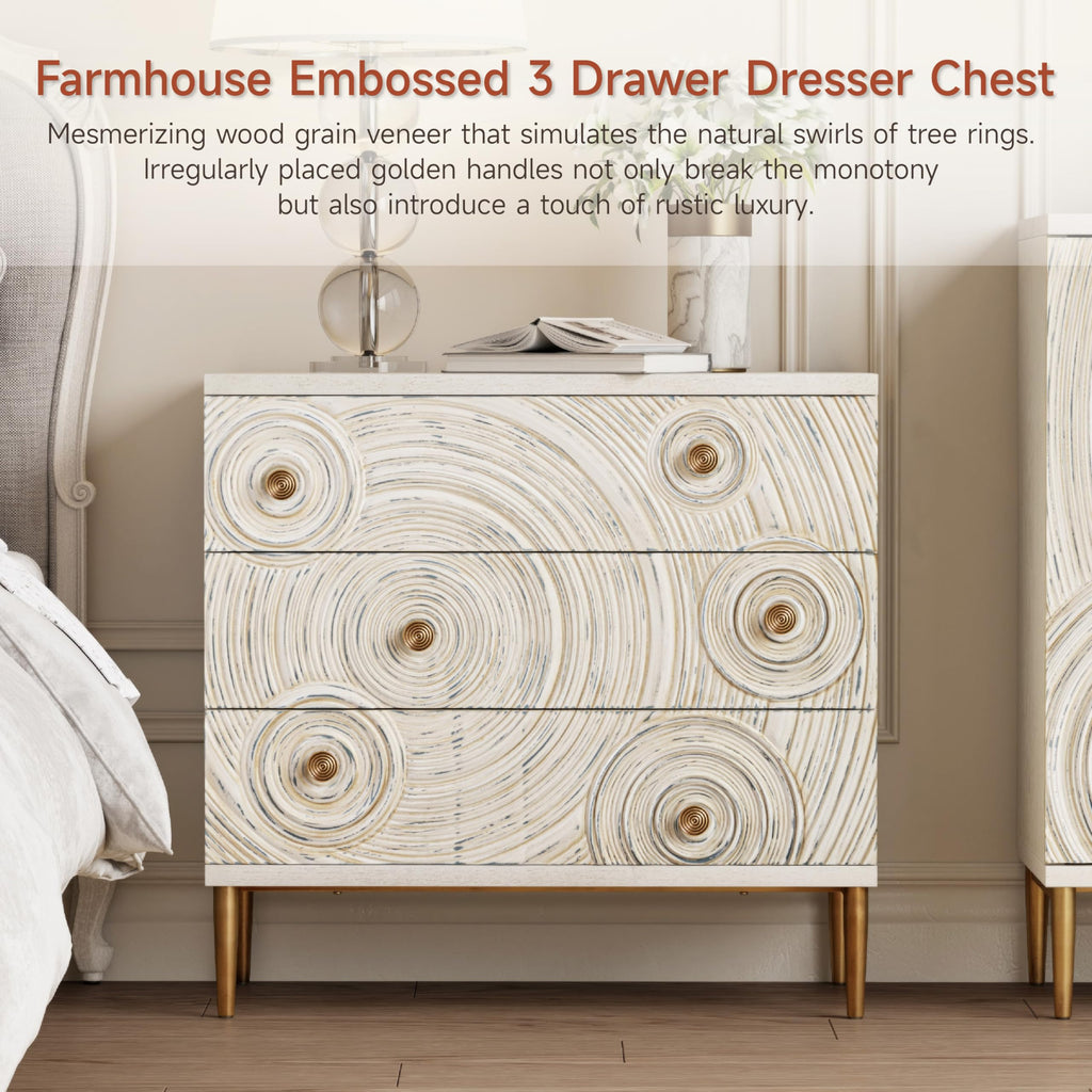 Boho Embossed 3 Drawer Dresser with Ring Motif, White and Gold