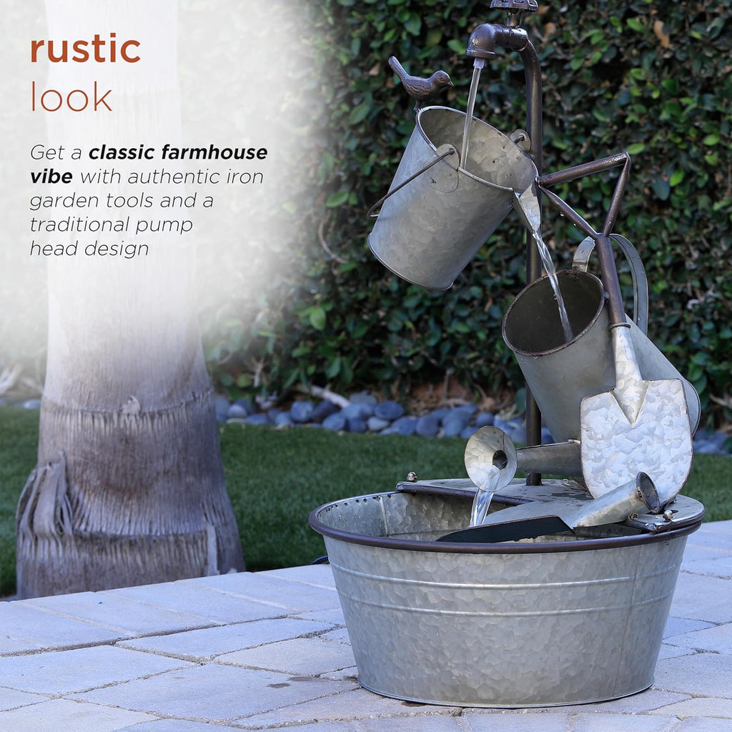 Outdoor Floor 3-Tiered Metal Garden Tools Water Fountain, Tools and Faucet Waterfall, 28", Gray