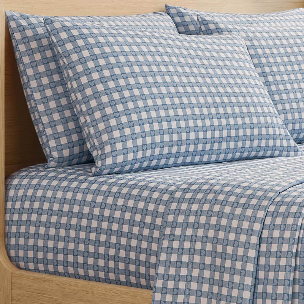 Heart Gingham Microfiber Sheet Set with Extra Pillowcases, Soft Lightweight 100% Polyester Bedding, Blue