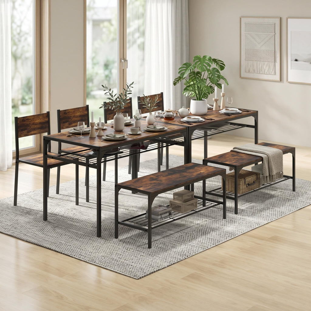 Dining Table Set for 4 with Bench & 2 Chairs, Storage Racks