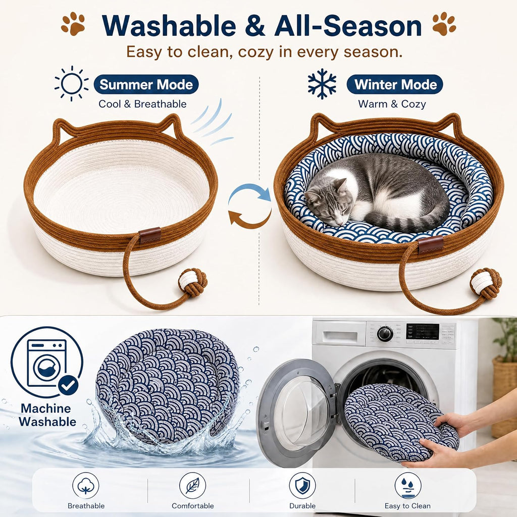 Large Handwoven Cat Basket Bed, Cotton Rope Woven Cat Beds for Indoor Cats