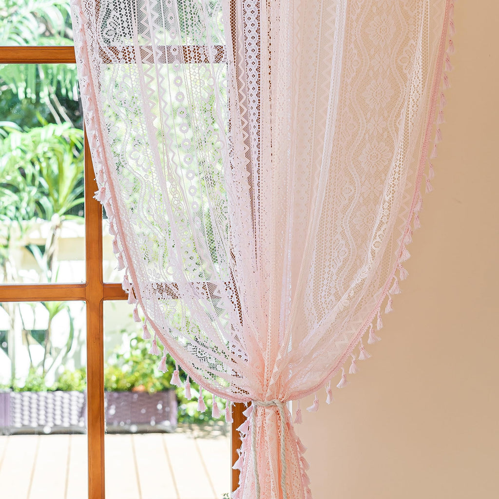 Pink Lace Tier Curtains 36 Inch Length 2 Panels Kitchen Cafe Sheer Short Boho Half Country Rod Pocket Curtains for