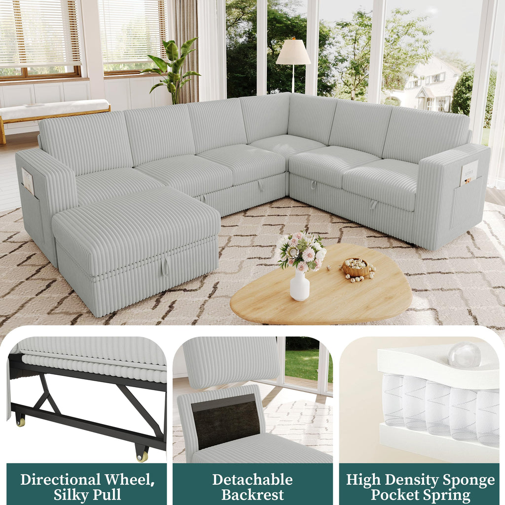 Sectional Sleeper Sofa, Pull Out Couch with Storage, Pale Gray, 7 Seat
