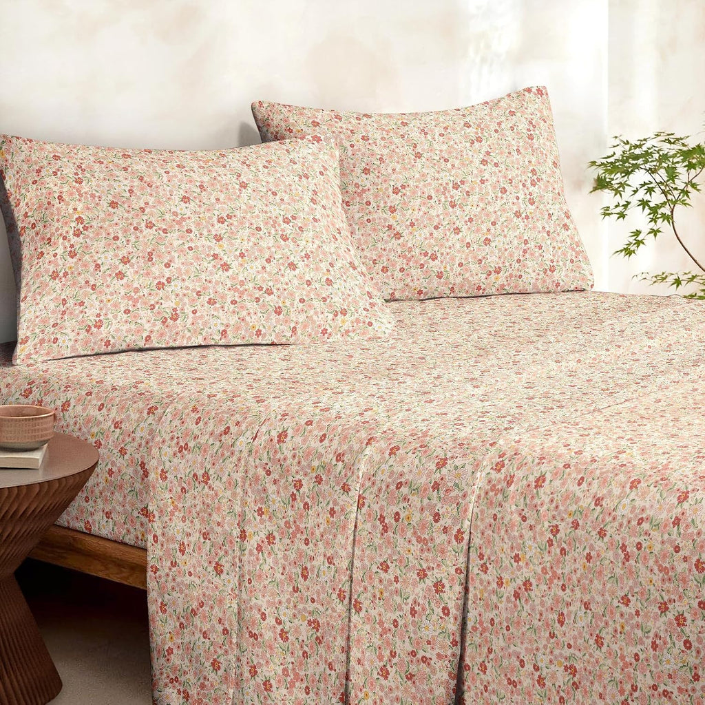 Floral Bed Sheets, 4-Piece Sheet Set, Shabby Chic Flower Pattern Printed Country Coquette Cottage Aesthetic Bedding
