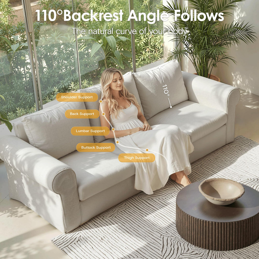 89" 3 Seater Sofa, Deep Seated Comfy Couch High Back Suppor Removable Washable Couches, Modern Farmhouse Rolled-Arm