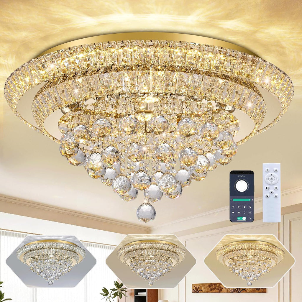 24 inch Crystal Chandeliers With Remote and APP Control, Modern Luxury Flush Mount Gold Chandelier, 3CCT Dimmable