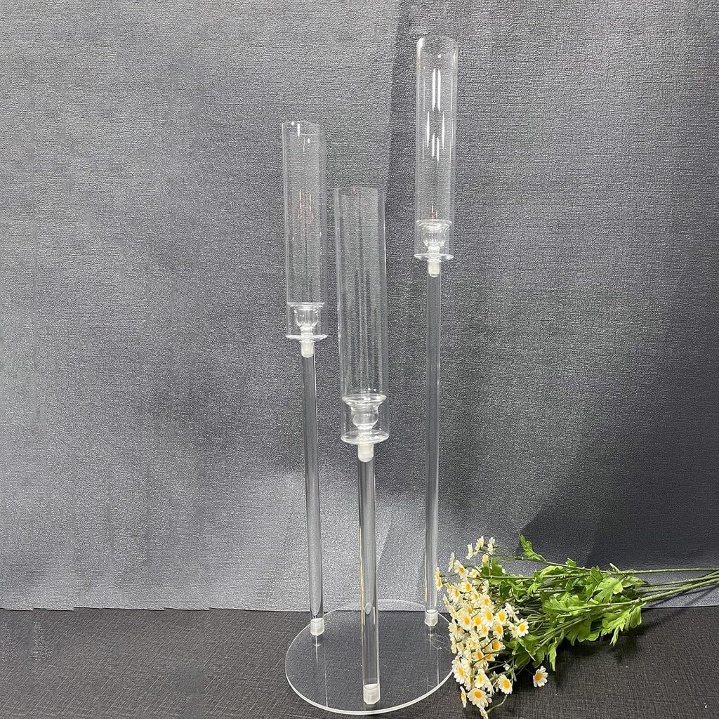 6 Set 3 Arms Acrylic Candelabra Centerpieces,30.7" Clear Candlesticks Holder with Acrylic Shade for Valentine's Day
