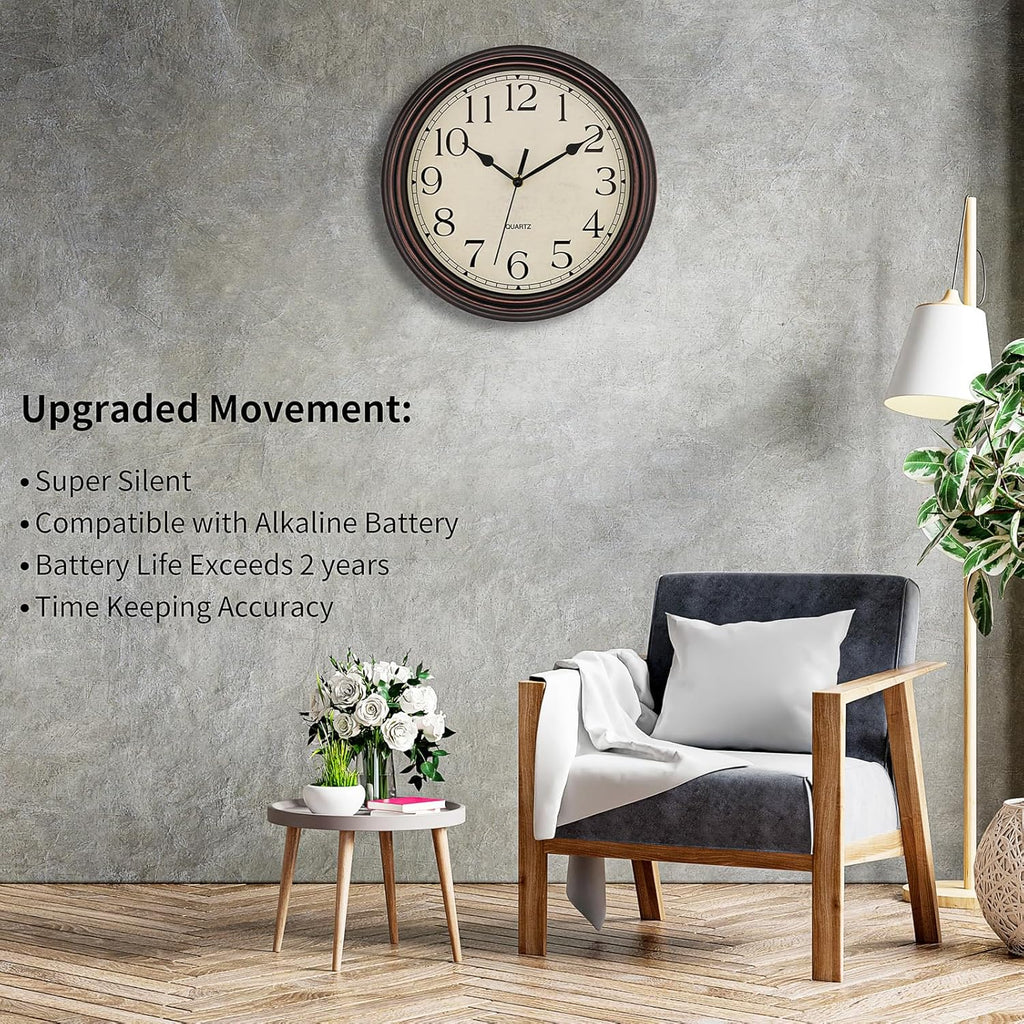 14 Inch Wall Clock Battery Operated Silent Non-Ticking Round Classic Vintage Retro Wall Clock Decorative for