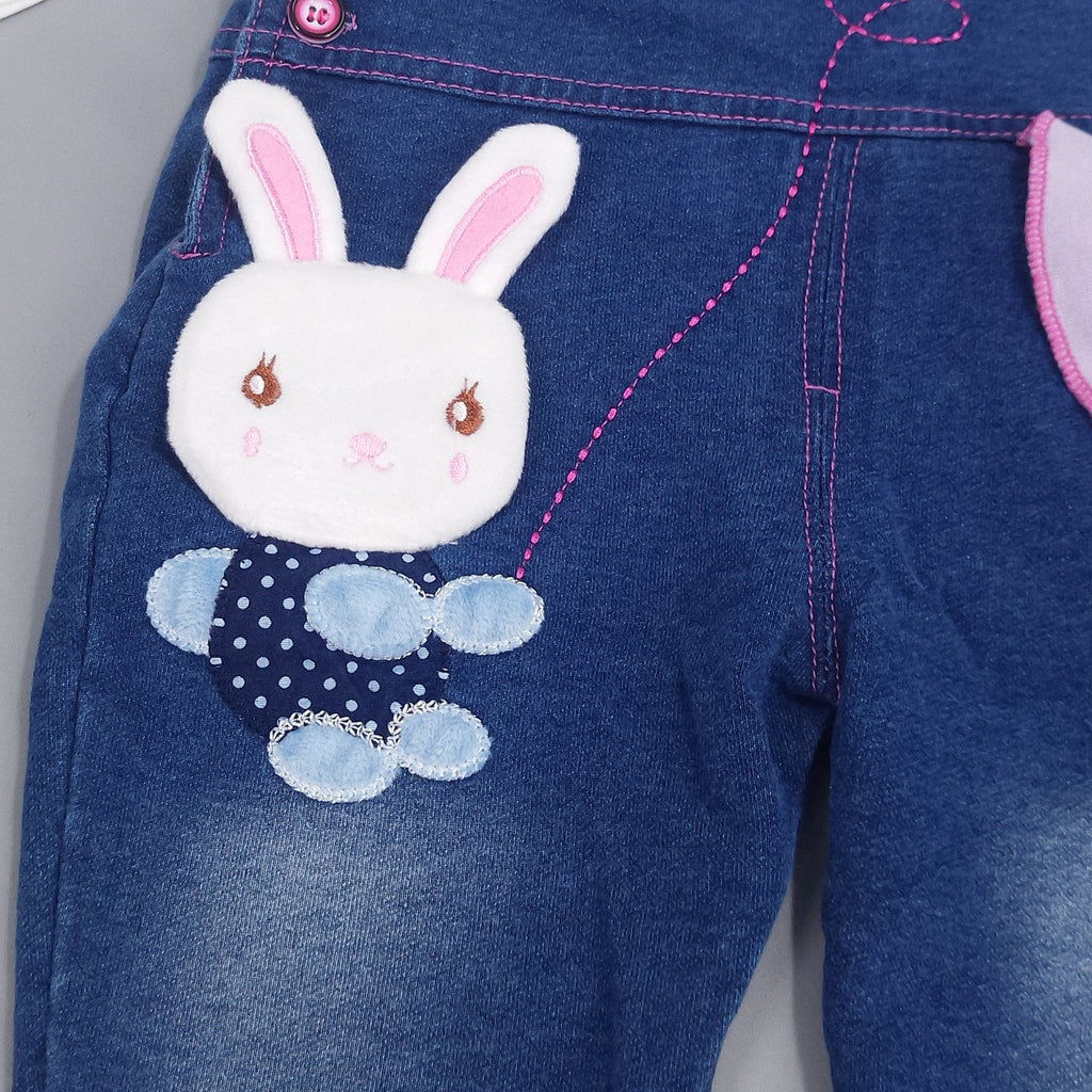 Baby Girls Denim Overalls Set Bunny Embroidery Ruffle Top