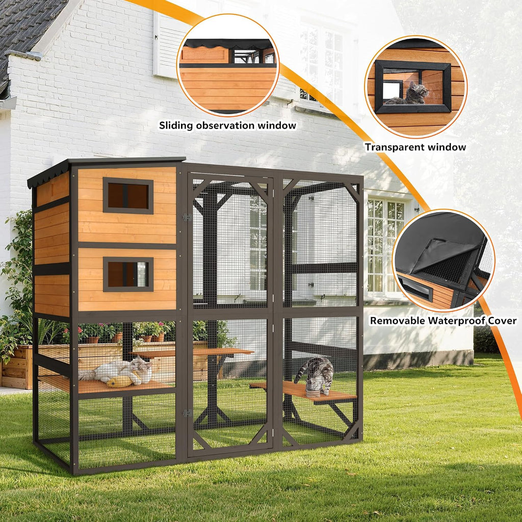 Oversized Catio Outdoor Cat Enclosure, Wooden 4 Tiers Cat Enclosures with Weatherproof Roof, Large Cat Patio Conect