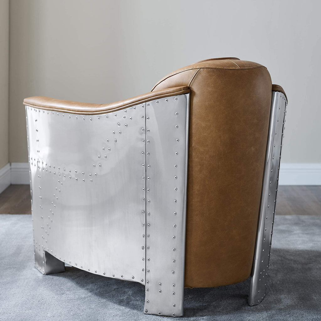 Mid Century Modern Genuine Leather Accent Arm Chair with Vintage Aluminum Patchwork, Lightbrown