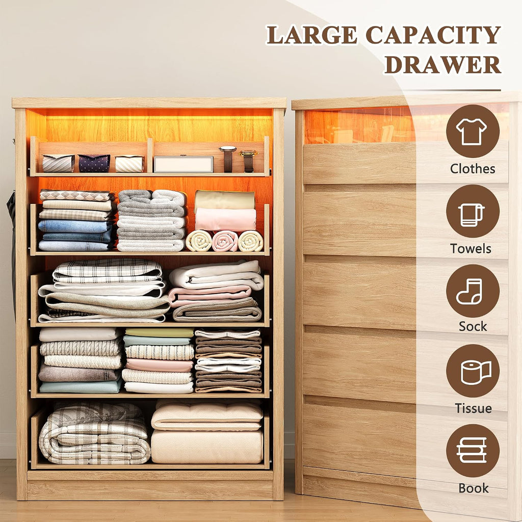 5 Drawer Dresser with LED Light, Modern Chest of Drawers with Hidden Handles, Tall Wooden Dresser Closet - Oak