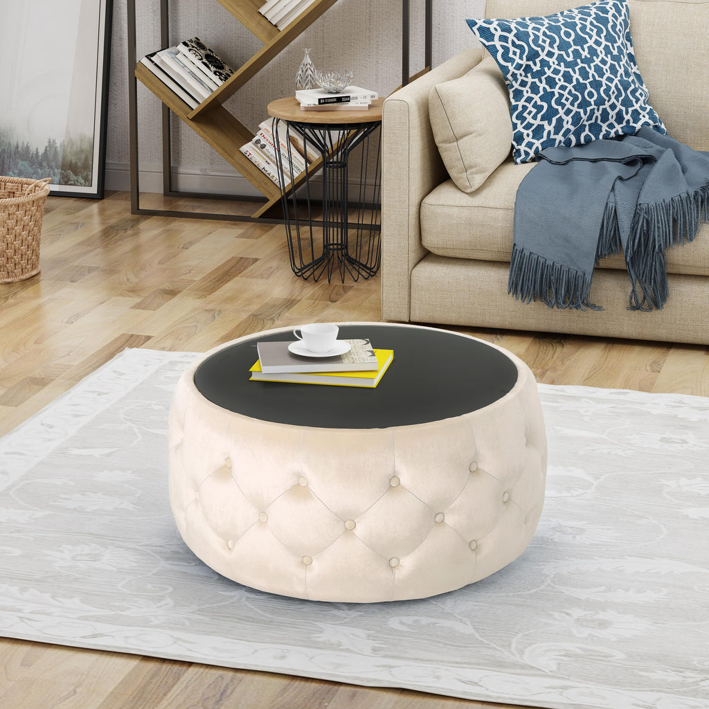 30" Round Velvet Ottoman Coffee Table, Button Tufted Coffee Table with Tempered Glass Top Modern Upholstered Tufted