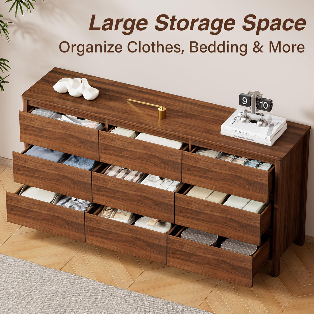 63" Wide 9 Drawer Wood Dresser with Legs, Walnut