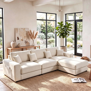115" L-Shaped Modular Sectional Sofa, Oversized Deep Seat with Movable Ottoman, Chenille Upholstery, Side Pocket & 4
