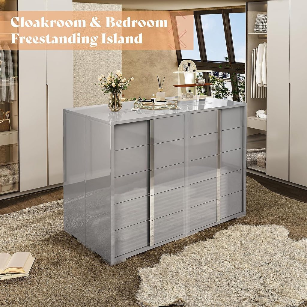 5 Drawer Dresser with Glossy Finish, Modern Storage Chest, Grey | 50.2" Tall Dresser, Storage Organizer, High Gloss