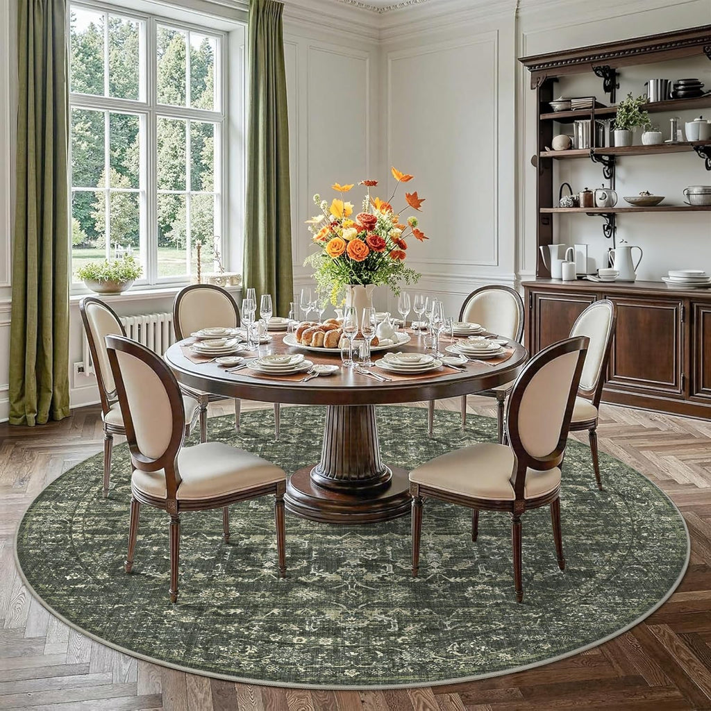 8ft Green Round Washable Area Rug for Living Room Vintage Boho Non Slip Circle 8x8 Large Rug Distres