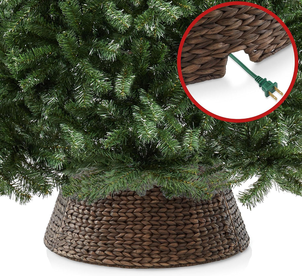24-Inch Christmas Tree Collar, Woven Water Hyacinth Tree Base Cover with Cord Cut Out, Espresso
