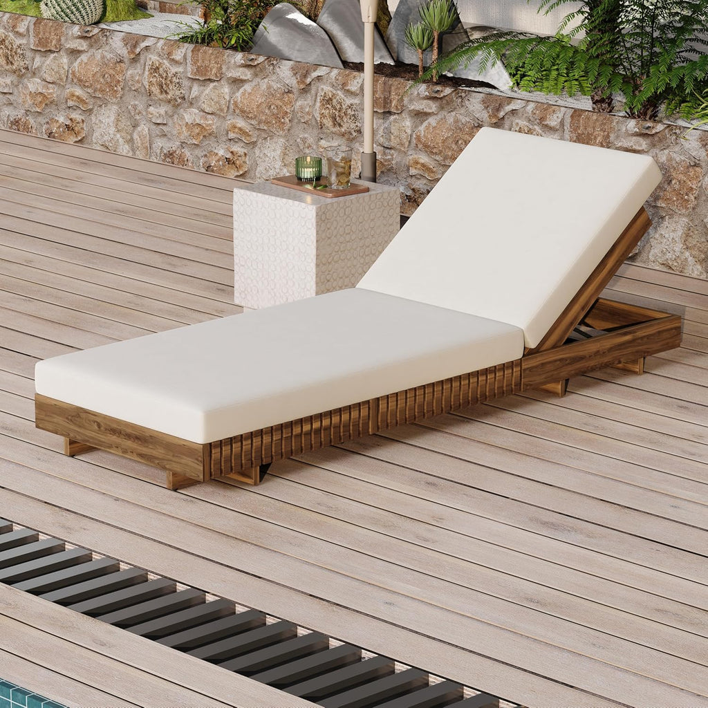 Outdoor Chaise Lounge Chair, Patio Lounge Chair, Solid Acacia Wood Pool Lounger, 6-Position Adjustable Backrest