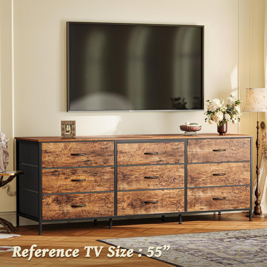 63 Inch Dresser , Dresser for Closet with 9 Fabric Drawers, Large TV Stand for 55, 65, 70 Inch TV, Entertainment
