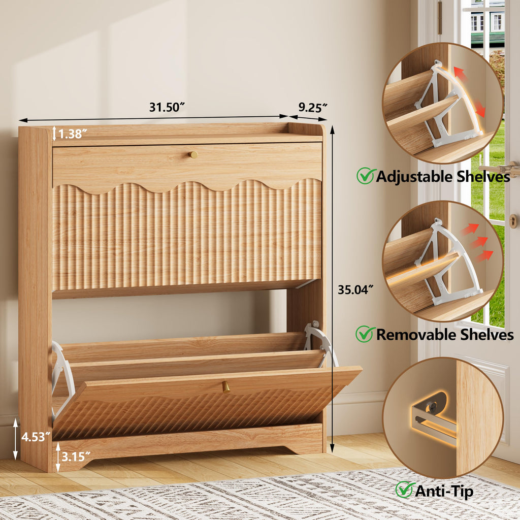 Shoe Storage Cabinet with 2 Flip Drawers and Modern Wave-Edge Fluted Panels, Slim Shoe Rack, Freestanding Narrow