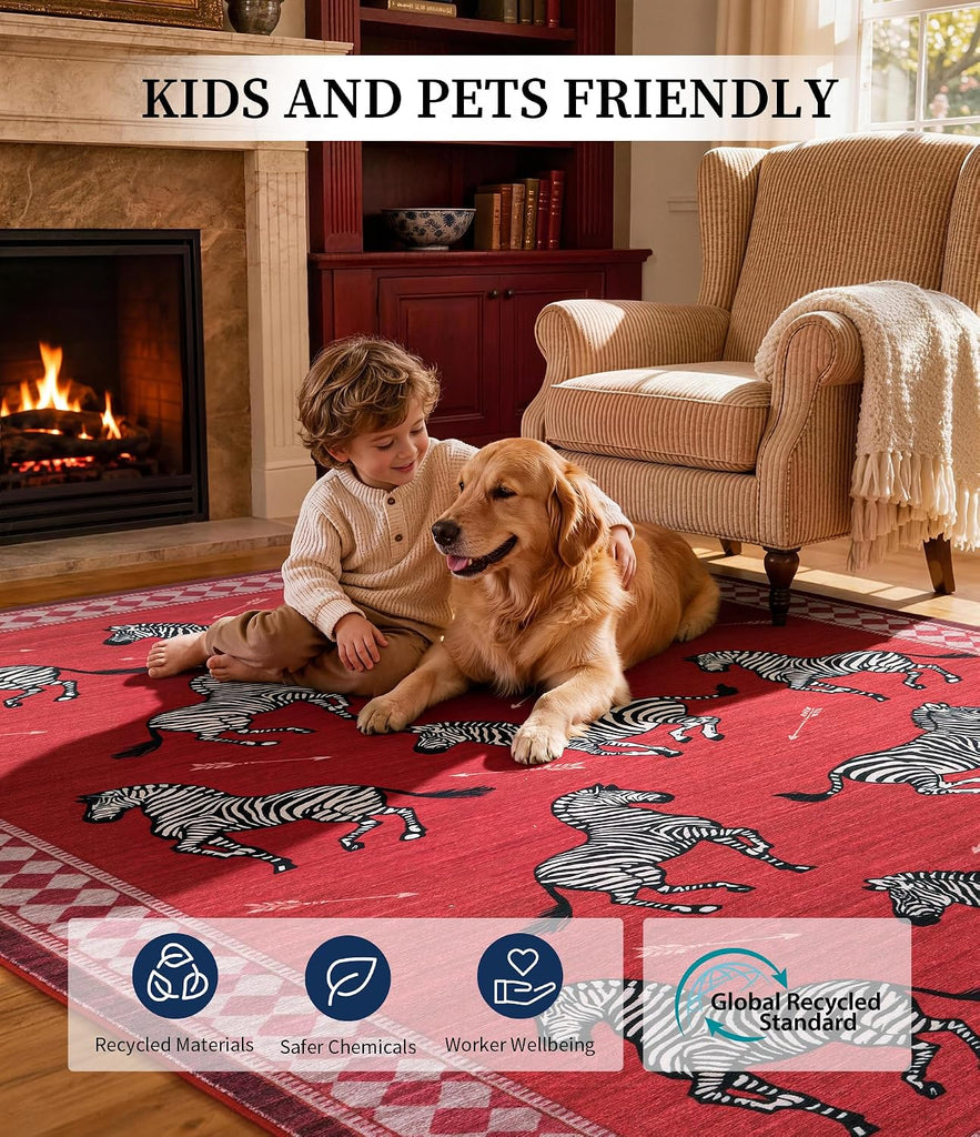 Red Zebra Area Rugs, Washable Animal Print Rug with Checkered Border, Non-Slip Low Pile Mid-Century Modern Carpet