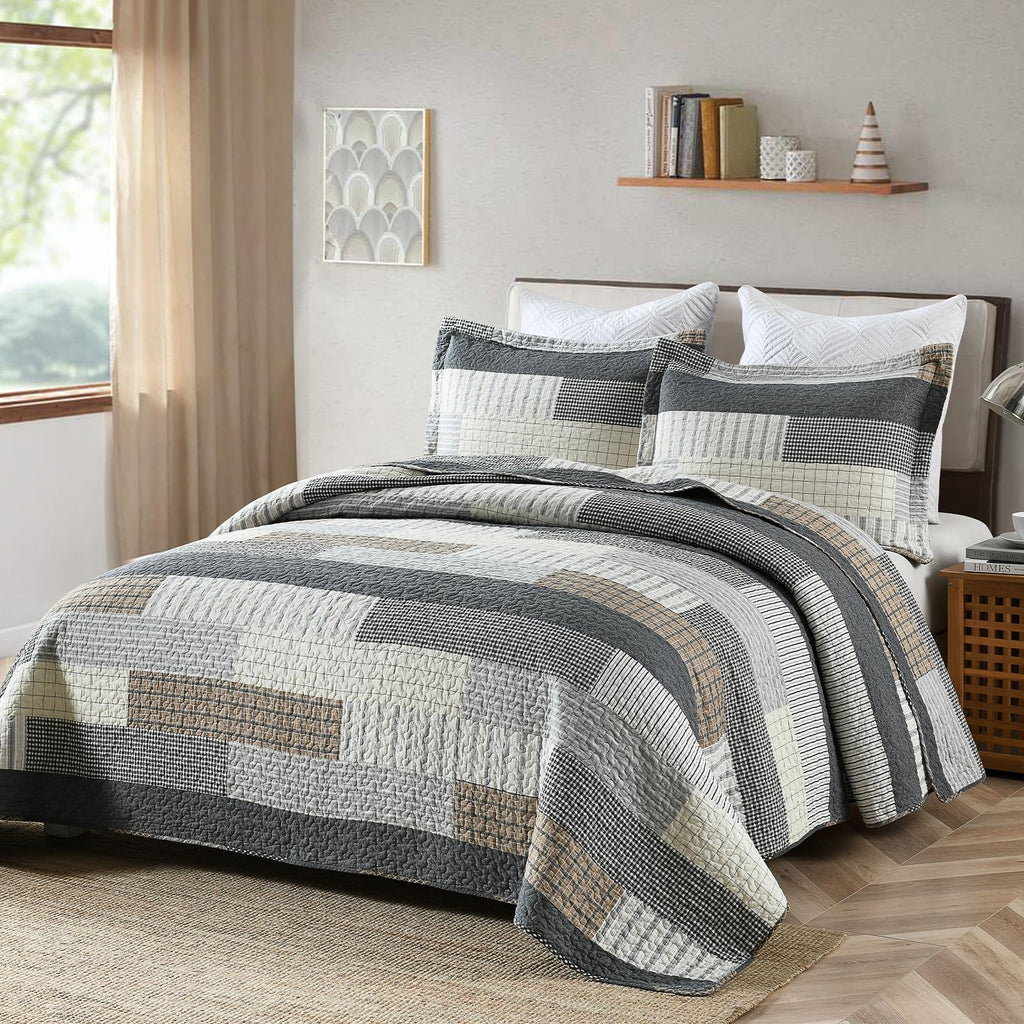 Gray Plaid Quilt Set - 100% Cotton Striped Plaid Patchwork Bedspread Coverlet Set, Lighweight Cozy Cottage