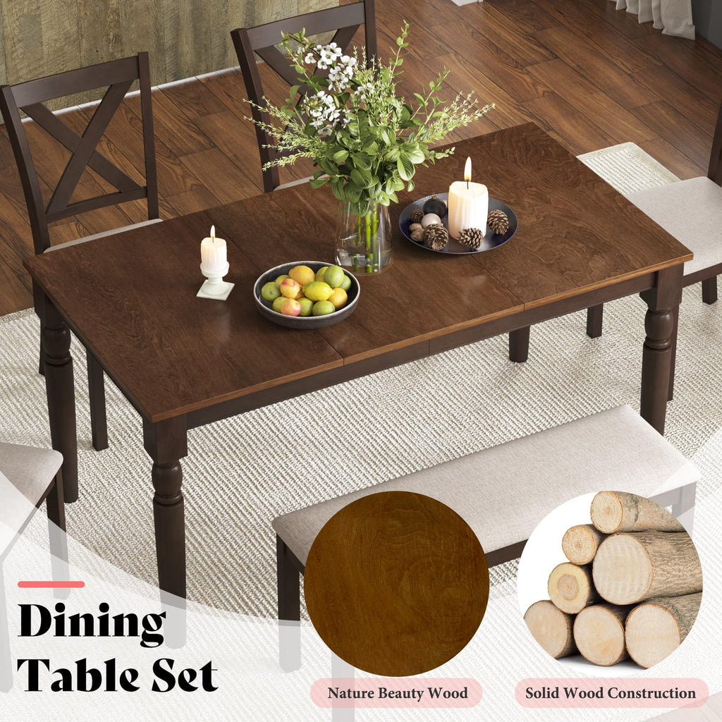 6 Piece Farmhouse Dining Set with 60" Solid Wood Table, Brown