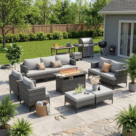 10 Piece Luxury Patio Furniture Set with 44" Fire Pit Table All Weather Outdoor Sectional with Thick Cushions Wicker