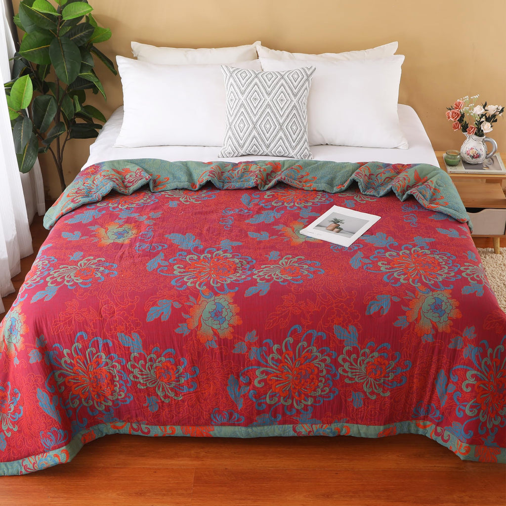 100% Cotton Floral Jacquard Quilt, Soft Lightweight Bed Blanket, 3 Layers Reversible Bedspread Coverlet Breathable