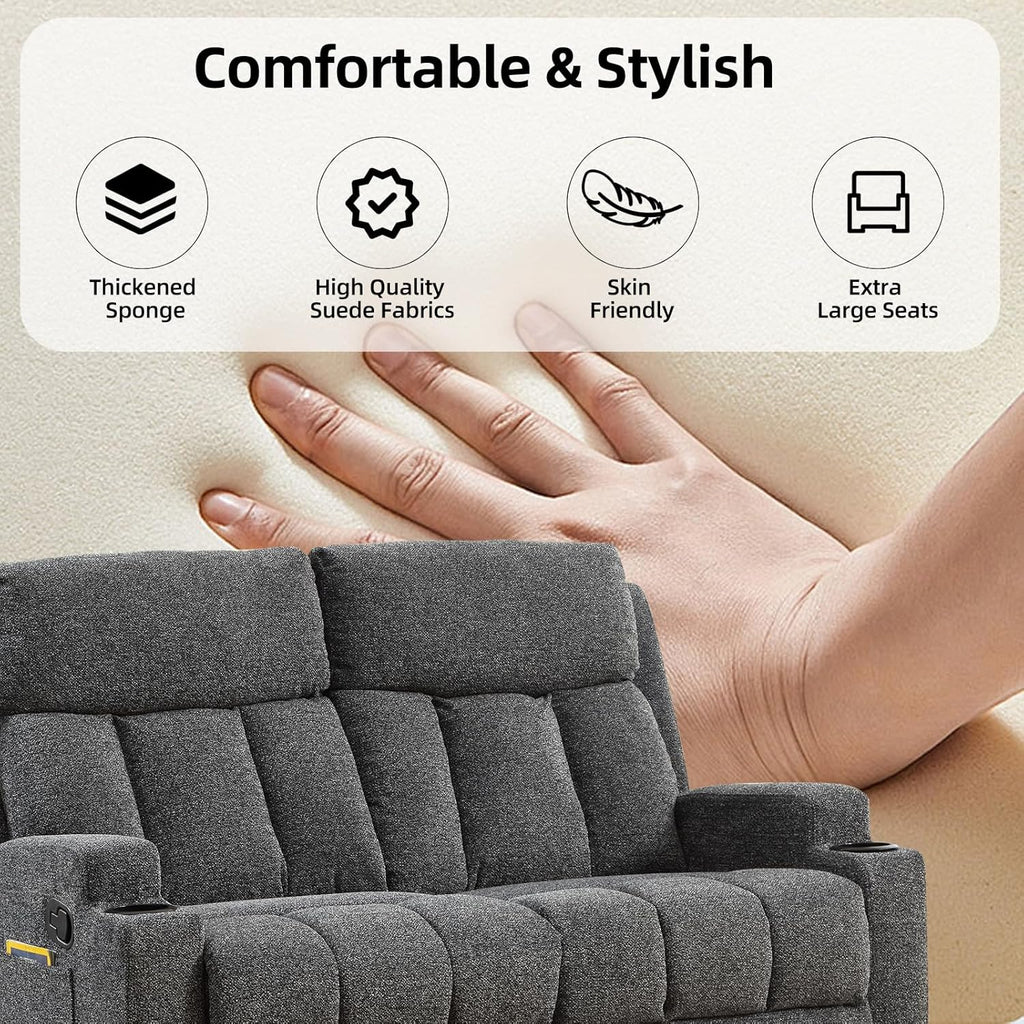 Manual Recliner Sofa Set, Fabric Home Theater Seating with Side Pockets and Cup Holders
